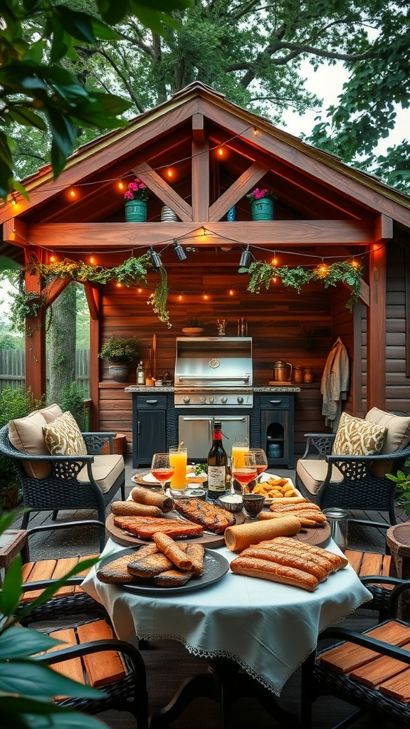 A modern barbecue hut in a backyard with grill, seating, and decorative lights, perfect for hosting gatherings.
